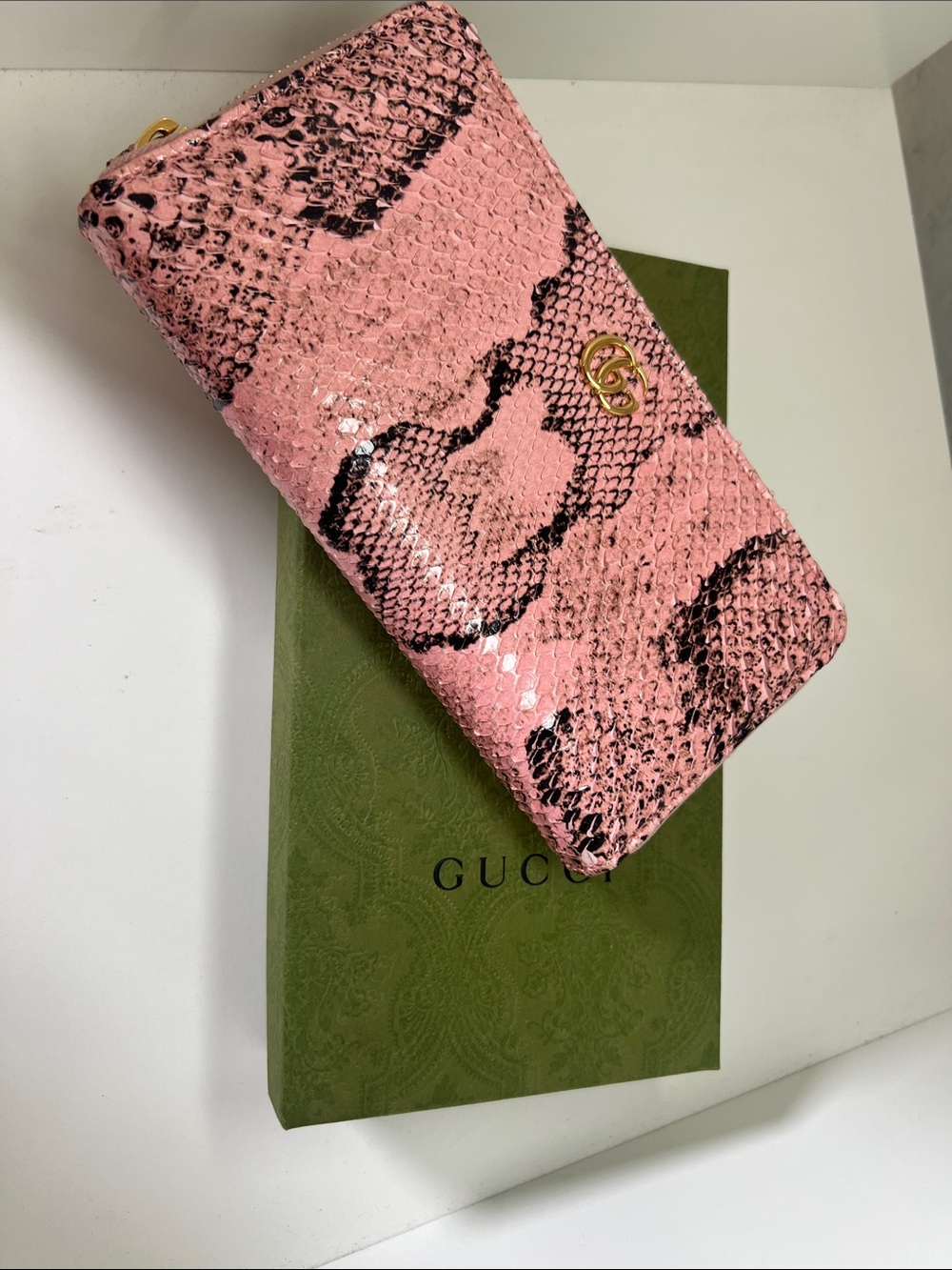 Gucci GG Marmont Zipper Wallet Pink Python Leather Long Wallet
